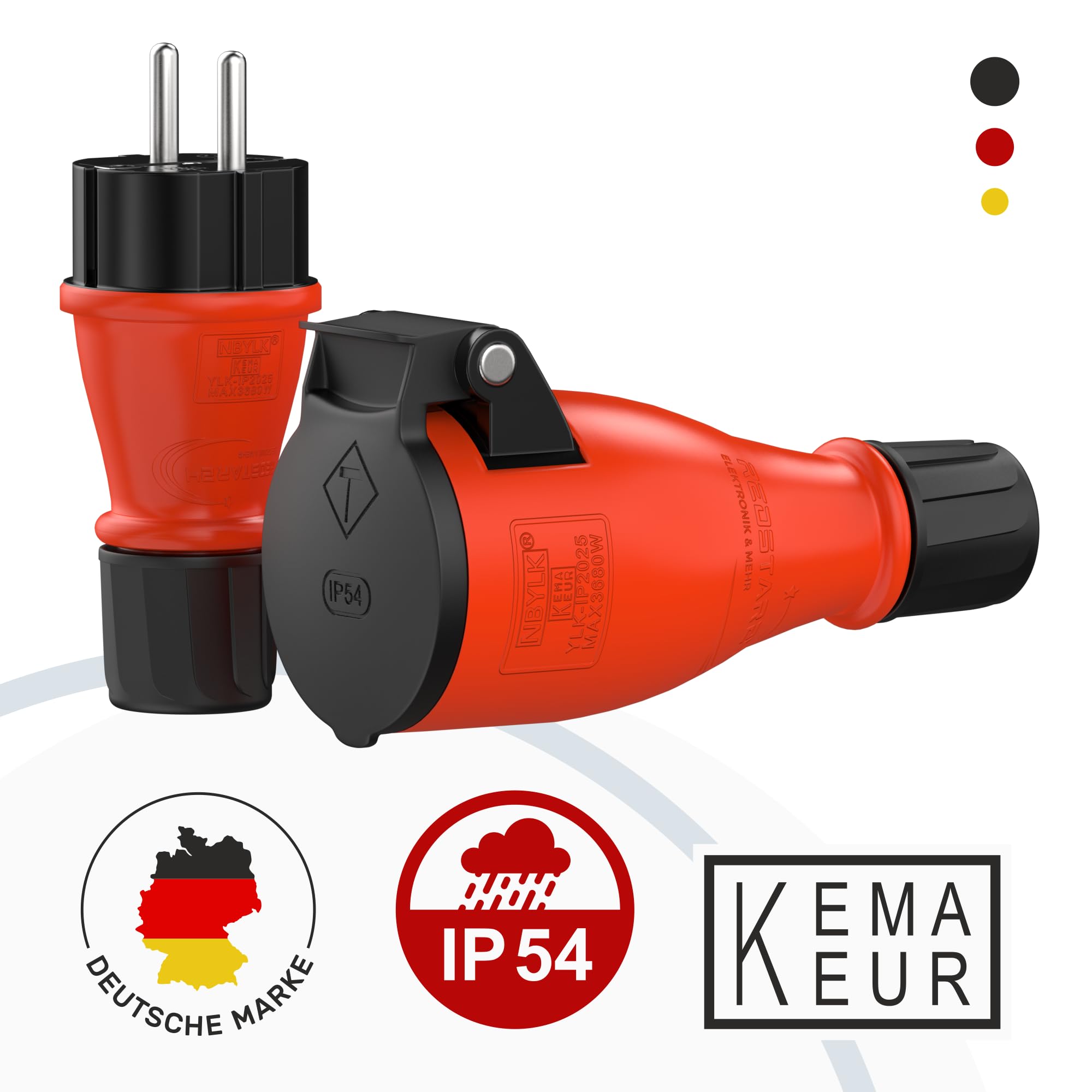 Set di spine e giunti in gomma Schuko / presa IP54 | Prolunga | gomma e plastica | per esterni / esterni | chiusura ermetica con sigillo, azionamento a una mano (Set, IP54)