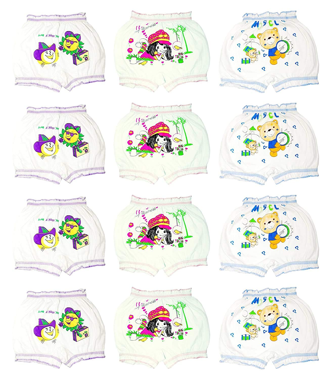 SEE FIT Cotton Kid's White Printed Bloomers (Pack of 12)