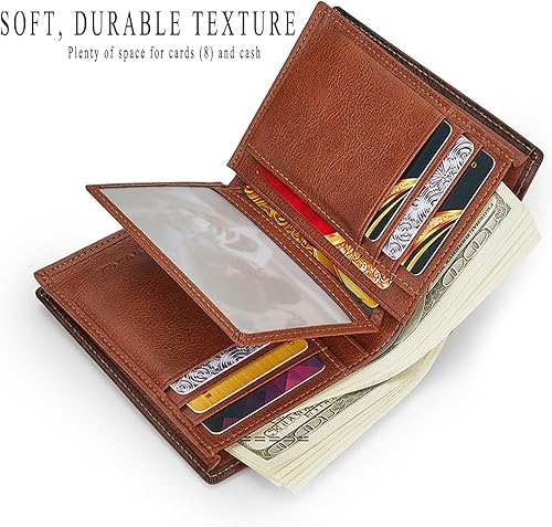 Miniatura 3 de VANNANBA Billetera de cuero de grano completo para hombres con RFID plegable con ventana de identificación lateral abatible 2, Amarillo Marrón,