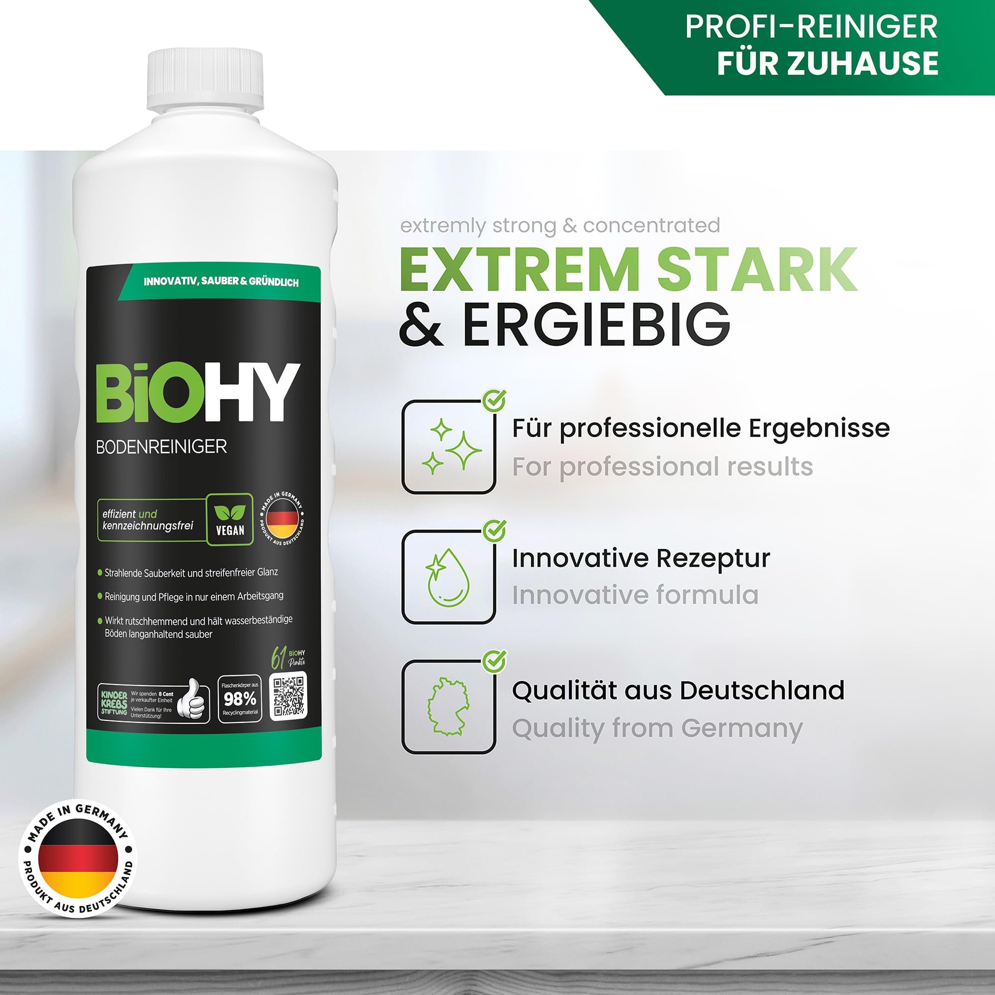 BiOHY Limpiador de suelo (9 botellas de 1 litro) + Dosificador | Concentrado para todos los aparatos de limpieza y todos los suelos duros (Bodenreiniger)