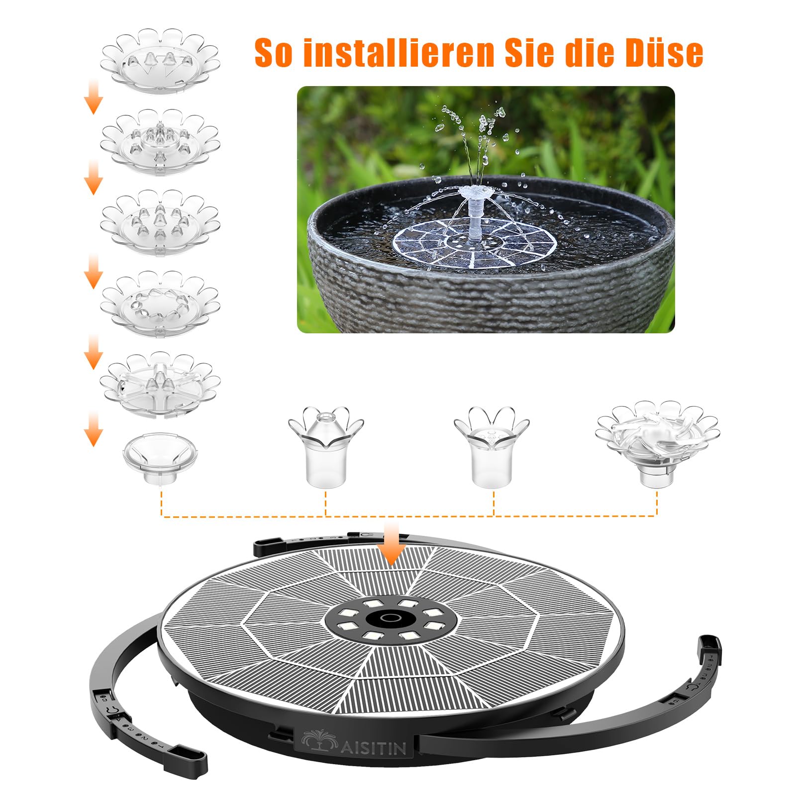 AISITIN 5,5W LED Solar Springbrunnen für Außen mit Verstellbare Stützstange Buntes Teichpumpe Solarbrunnen mit verschieden Düse, Wasserpumpe Fontäne Pumpe mit Batterie für Gartenteich,DIY Wasserspiel