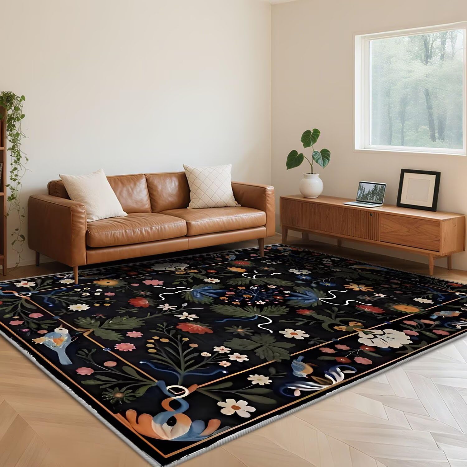 Tapis antidérapant design feuilles noires pour un salon et couloir moderne