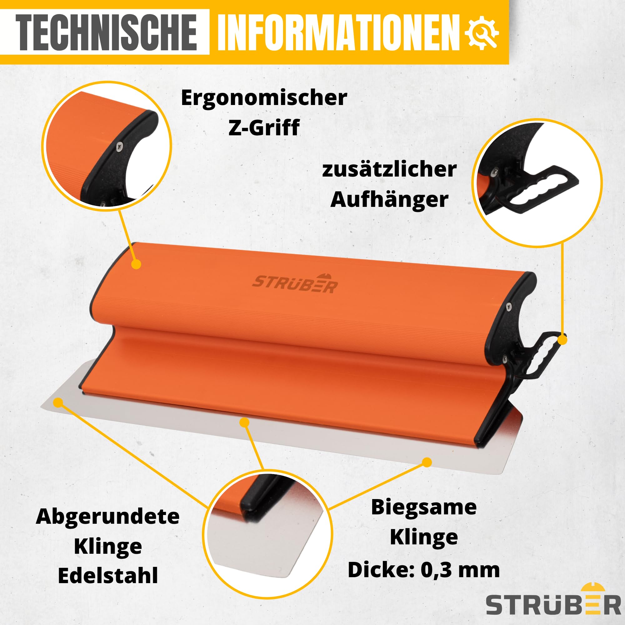 STRÜBER Flächenspachtel Set im Koffer- 5 x Flächenspachtel (250mm, 400mm, 600mm, 800mm, 1000mm) - Ergonomischer Z-Griff - Teleskopstange + Adapter - Rollspachtel - Made in EU
