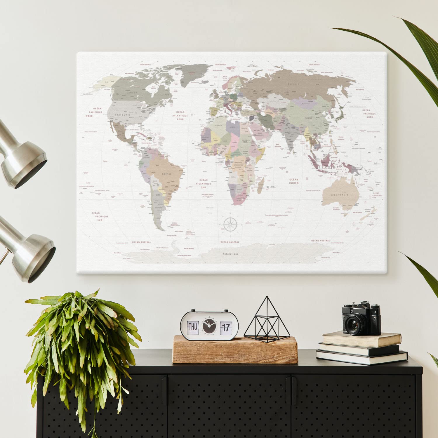 Weltkarte-Pinnwand als Leinwandbild zum pinnen der Reisen - World Map White - französisch - Landkarten-Wandbild Globus in weiss, 60 x 40 cm