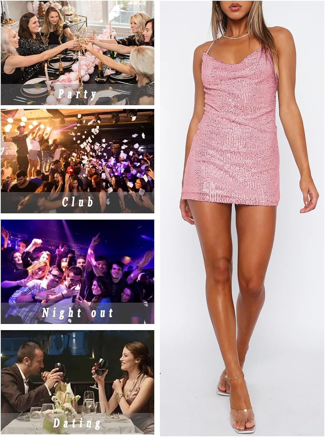 Women's Sequin Sparkly Glitter Dress Sexy Sleeveless Backless Spaghetti Strap Party Club Bodycon Mini Dress - Image 6