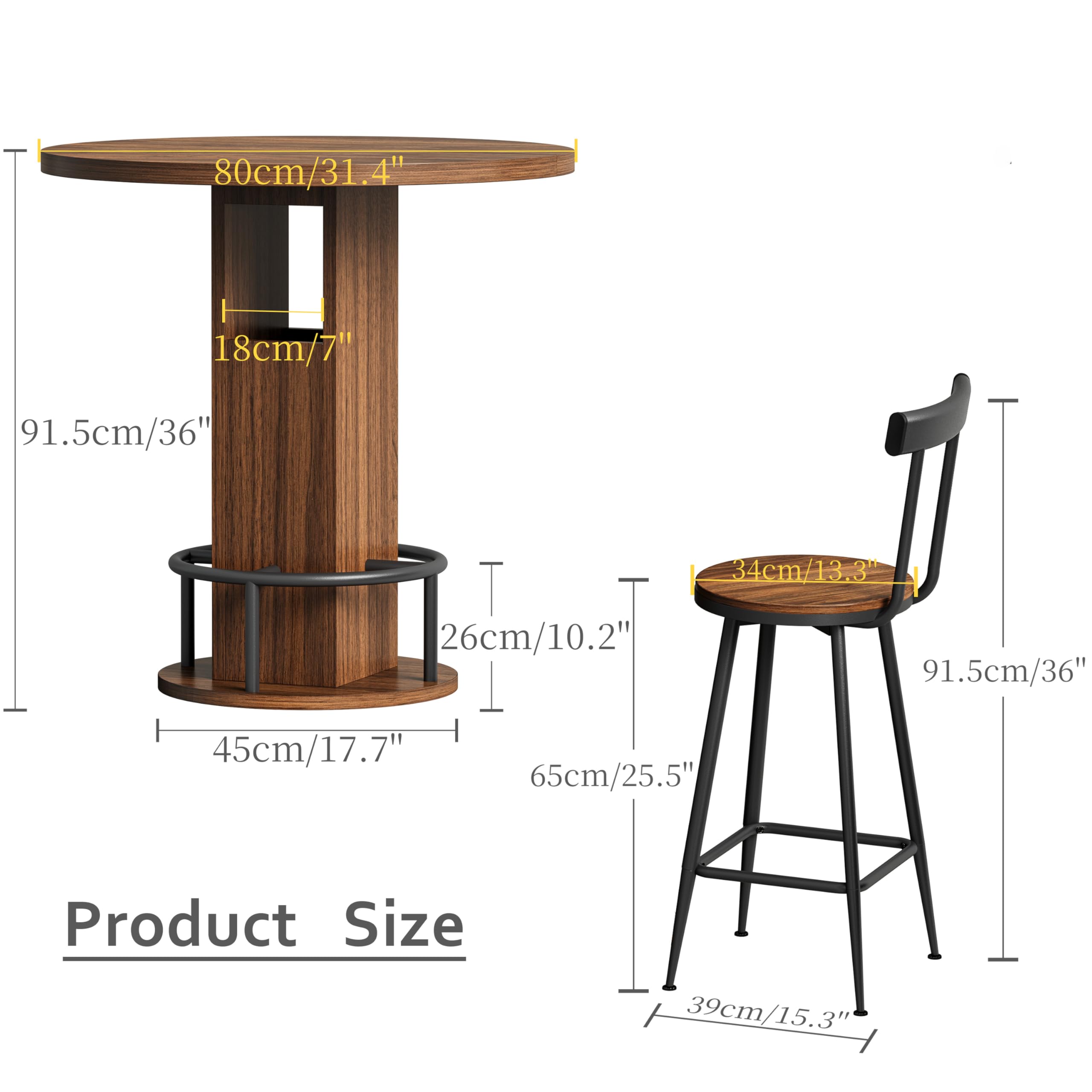 Set Tavolo da Bar con 2 Sgabelli in Legno e Acciaio, Cucina, Noce, 3 Pezzi
