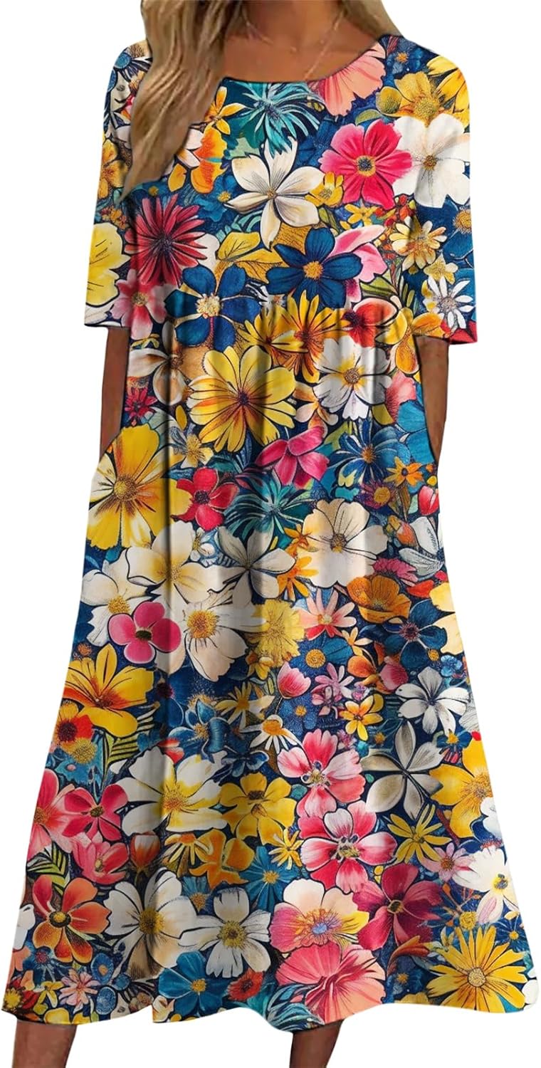 Dresses for Women Summer Fashion Floral Maxi Dress Casual Crew Neck Short Sleeve Loose Dress with Pockets