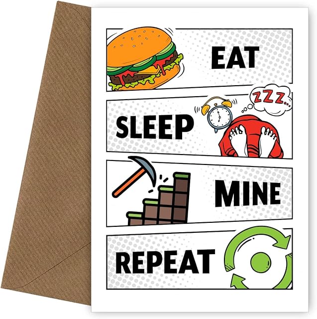 Gamer Birthday Card for Son Adult Grandson Boy - Eat Sleep Mine Repeat - Gaming Birthday Card for 10 Year Old Boy, 11th, 12th, 13th, 14th, 15th, 16th