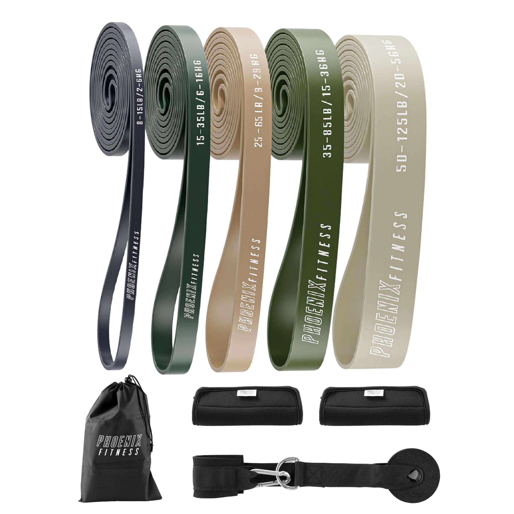 Phoenix Fitness Pull Up Bands Set - 5 Level Resistance Bands for Men and Women - Stackable Exercise Bands with Hand Grips, Door Anchor & Carry Case - Workout Bands for Home & Gym (Khakhi)