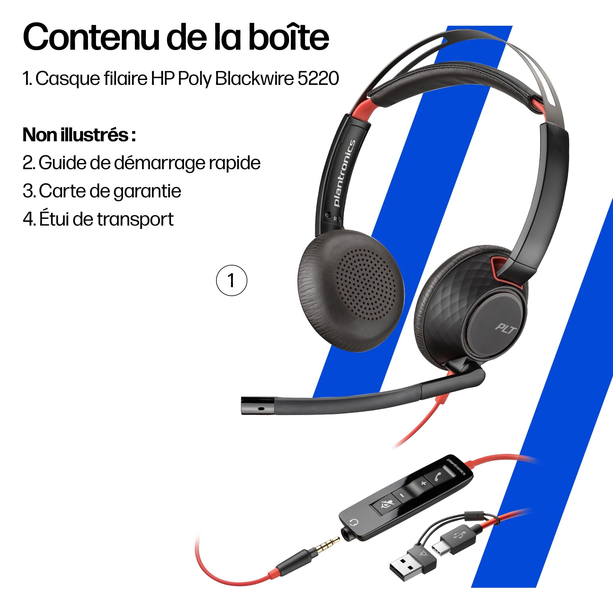 Micro-casque filaire Poly Blackwire 5220 – Perche microphone antibruit flexible – Conception ergonomique – Connexion à un PC/Mac, téléphone portable via USB-C, USB-A ou prise Jack 3,5 mm