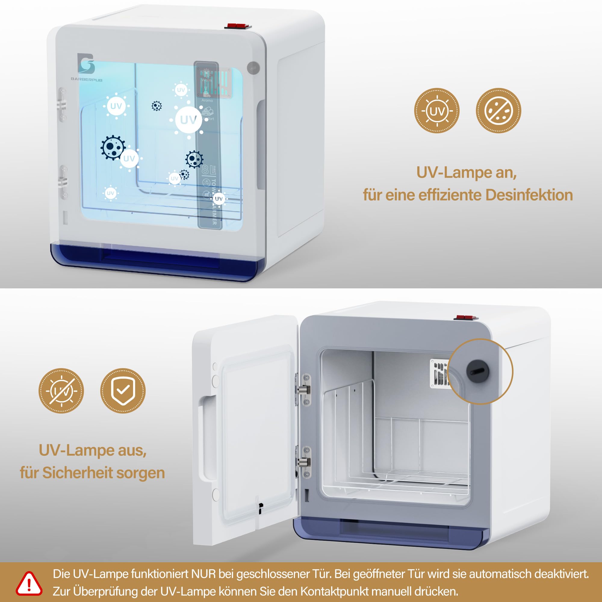 BarberPub Scaldasciugamani con sterilizzatore UV 8L, HW208W Bianco per saloni parrucchiere e centri estetici