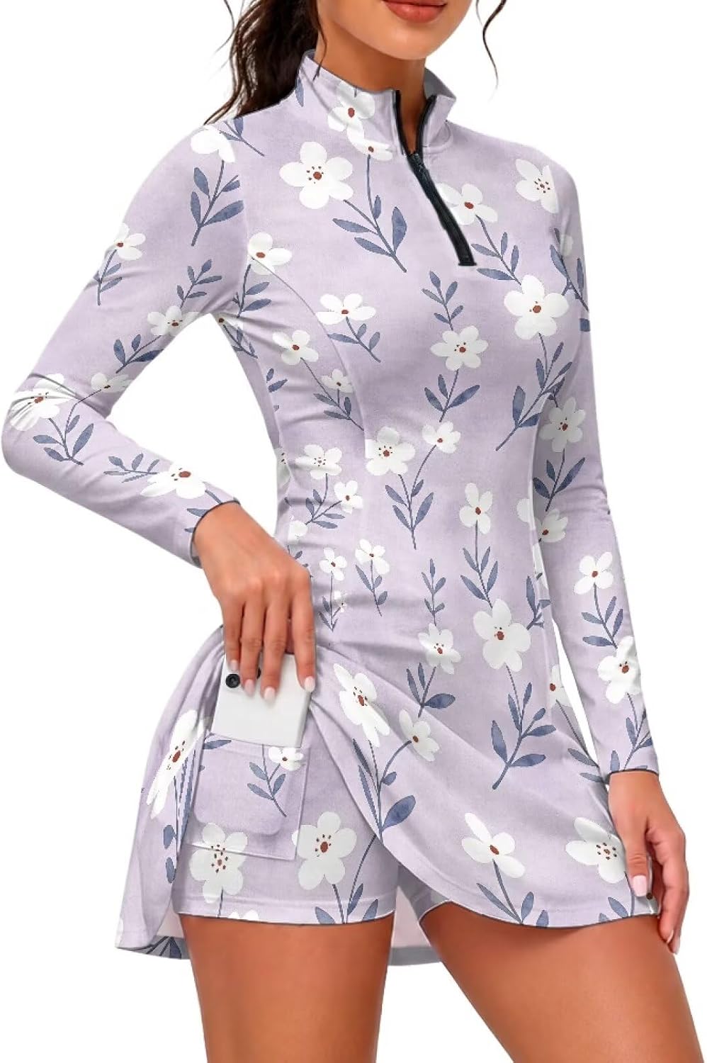 Womens Athletic Golf Tennis Dress with Shorts Long Sleeve