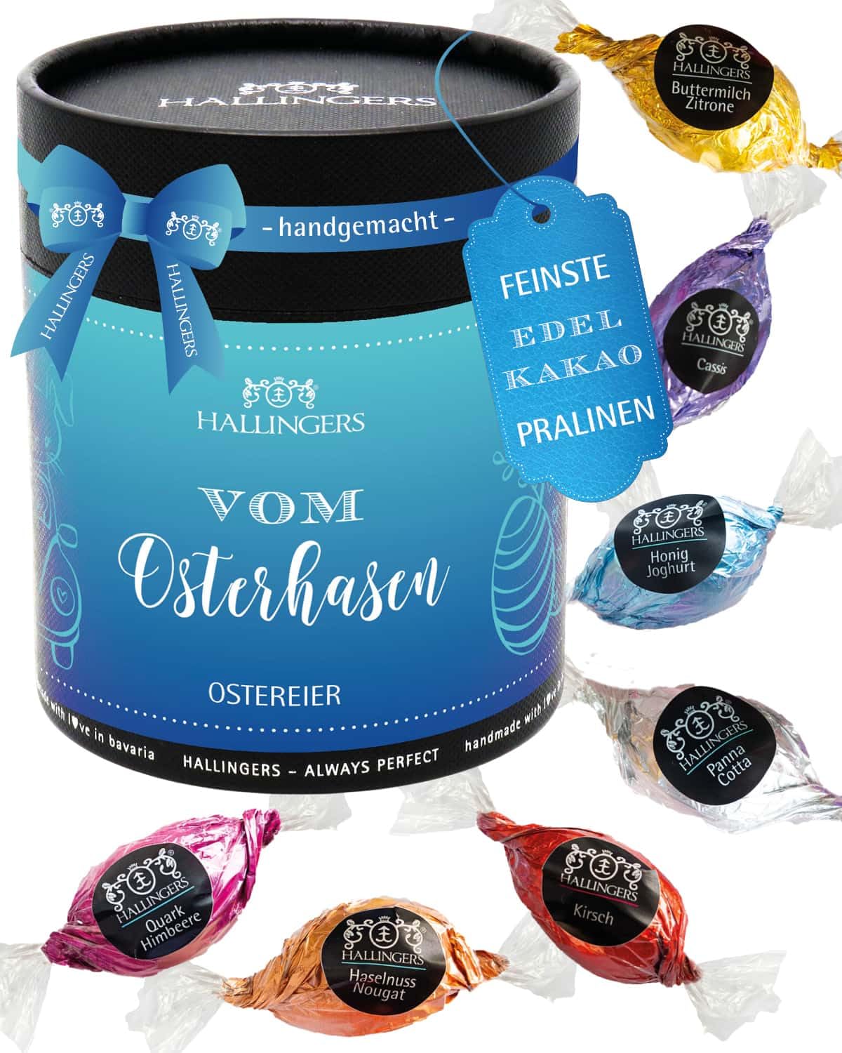 Hallingers Genuss Manufaktur Pralinen-Osterei Oster-Geschenk - ohne Alkohol, handmade aus Edelkakao in wertiger XXL-Geschenkdose "Vom Osterhasen", Ostern Körbchen für Frauen Männer