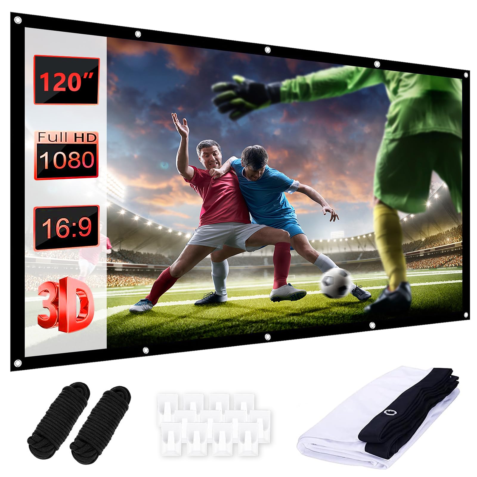 Écran de projection 120" 16:9 HD pour extérieur, toile de projection portable pliable avec crochet et corde pour la maison, l'école, les réunions, le camping, le home cinéma