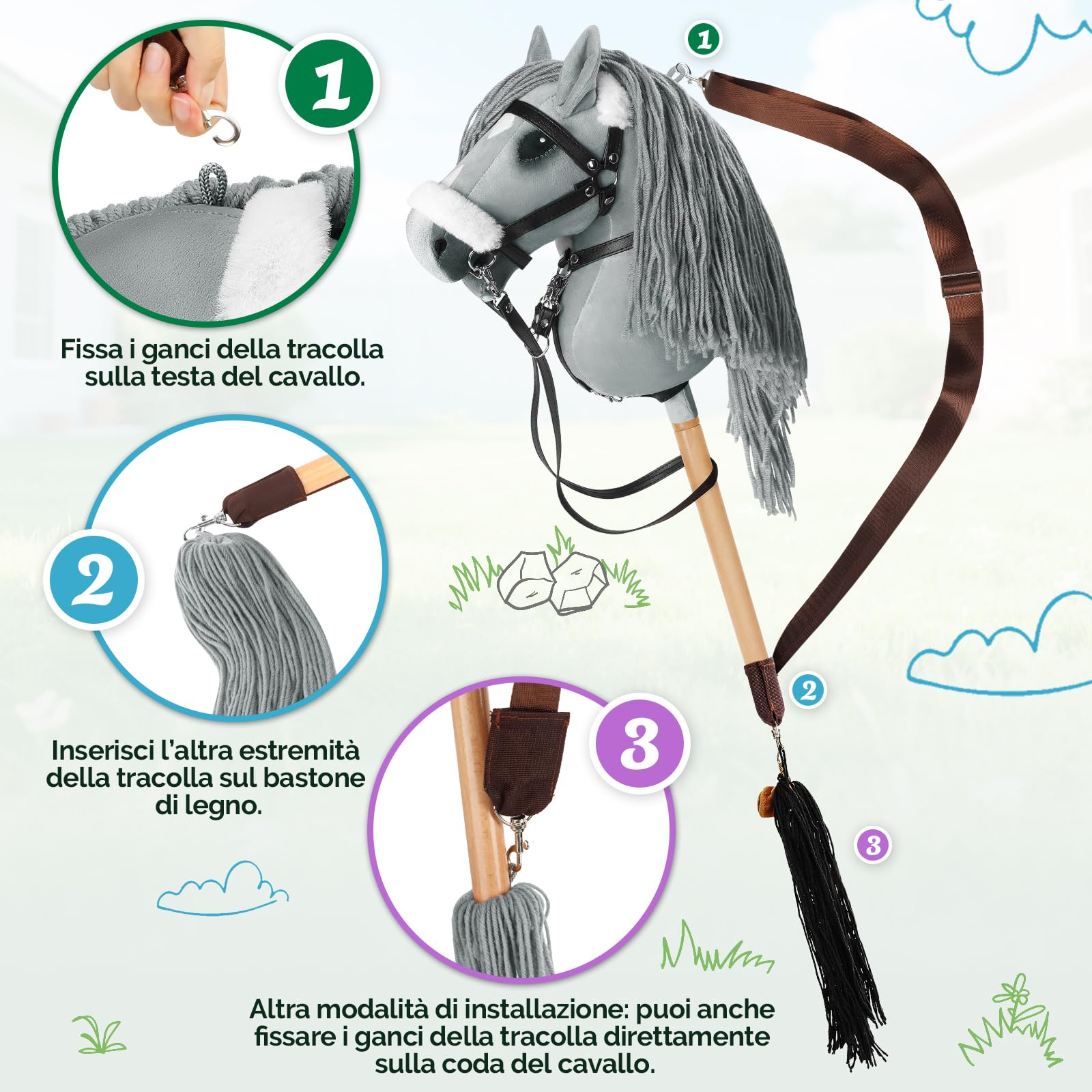 Charmofun Hobby Horse, Cavallo con Bastone per Bambini con Testa A3, Morbido Halter in Peluche, Coda Fluente e Cinghia Regolabile, Ideale per Gioco e Regalo (Grigio (con Capestro in Peluche))