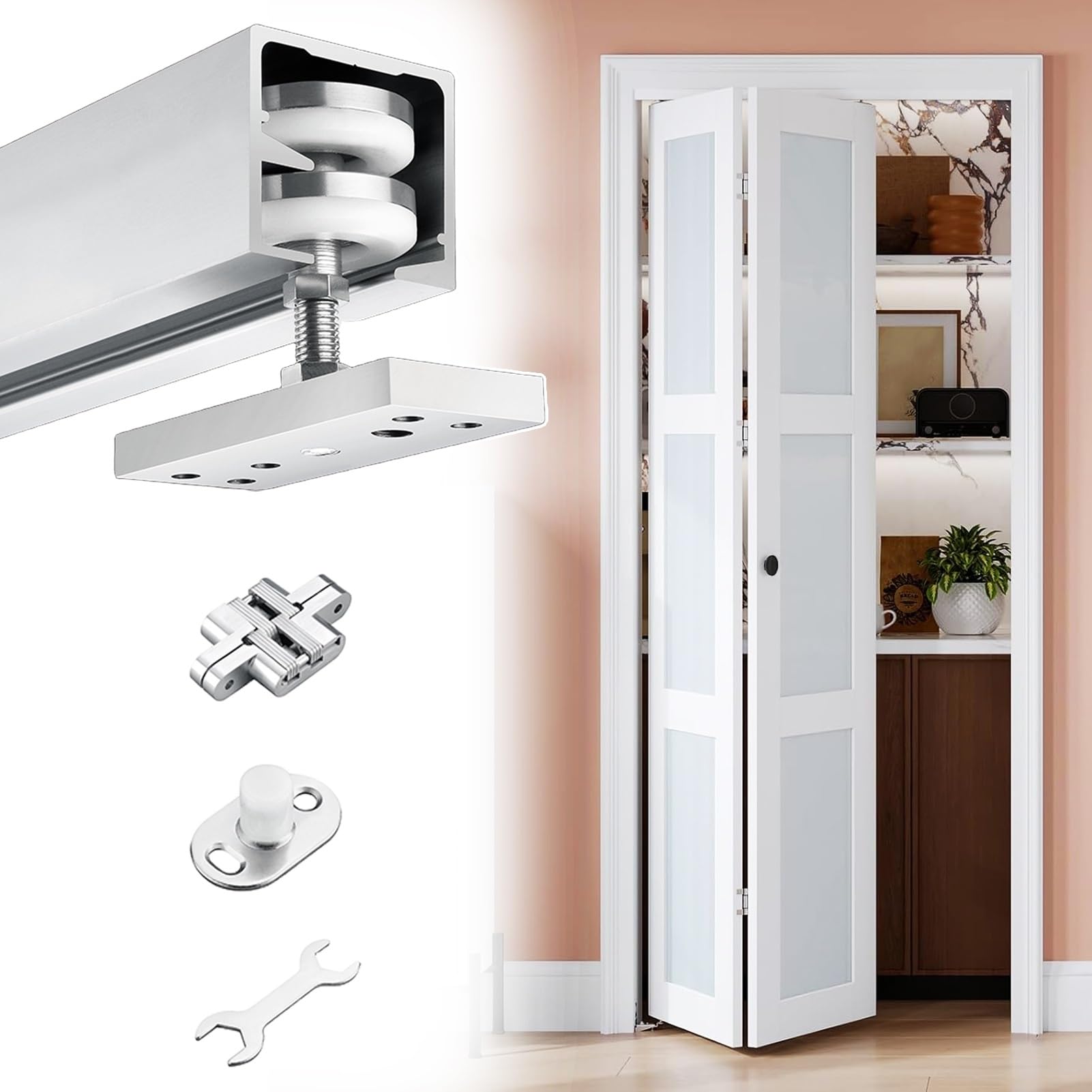 Tonuuoei Bi-fold Door Hardware Set with Silver Track, 24 30 36 48 60 inch Sliding Bifold Kit for Pantry Bathroom Closet Barn Door(Door Thickness 3-3.5cm,61in/155cm)