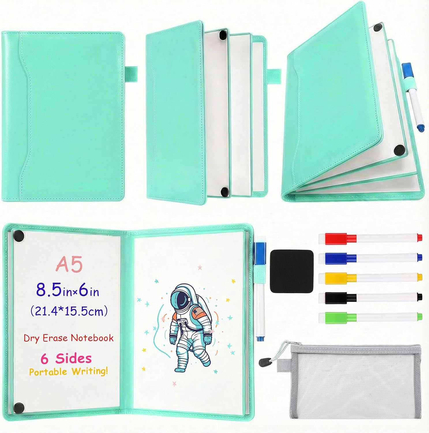 Feifeiya 6side Dry Erase Notebook Portable Whiteboard, Green, A5 6" X 8.5"