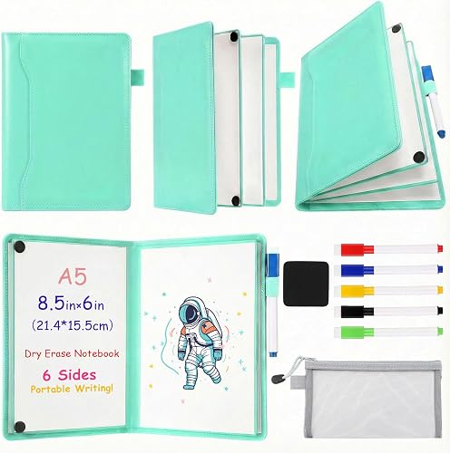Feifeiya 6 Sides Whiteboard Notebook Portable Whiteboard Dry Erase Notebook Portable Dry Erase Board Double Sided Folding Whiteboards White Board for Office Study Meeting(Mint Green,A5: 6"×9”)