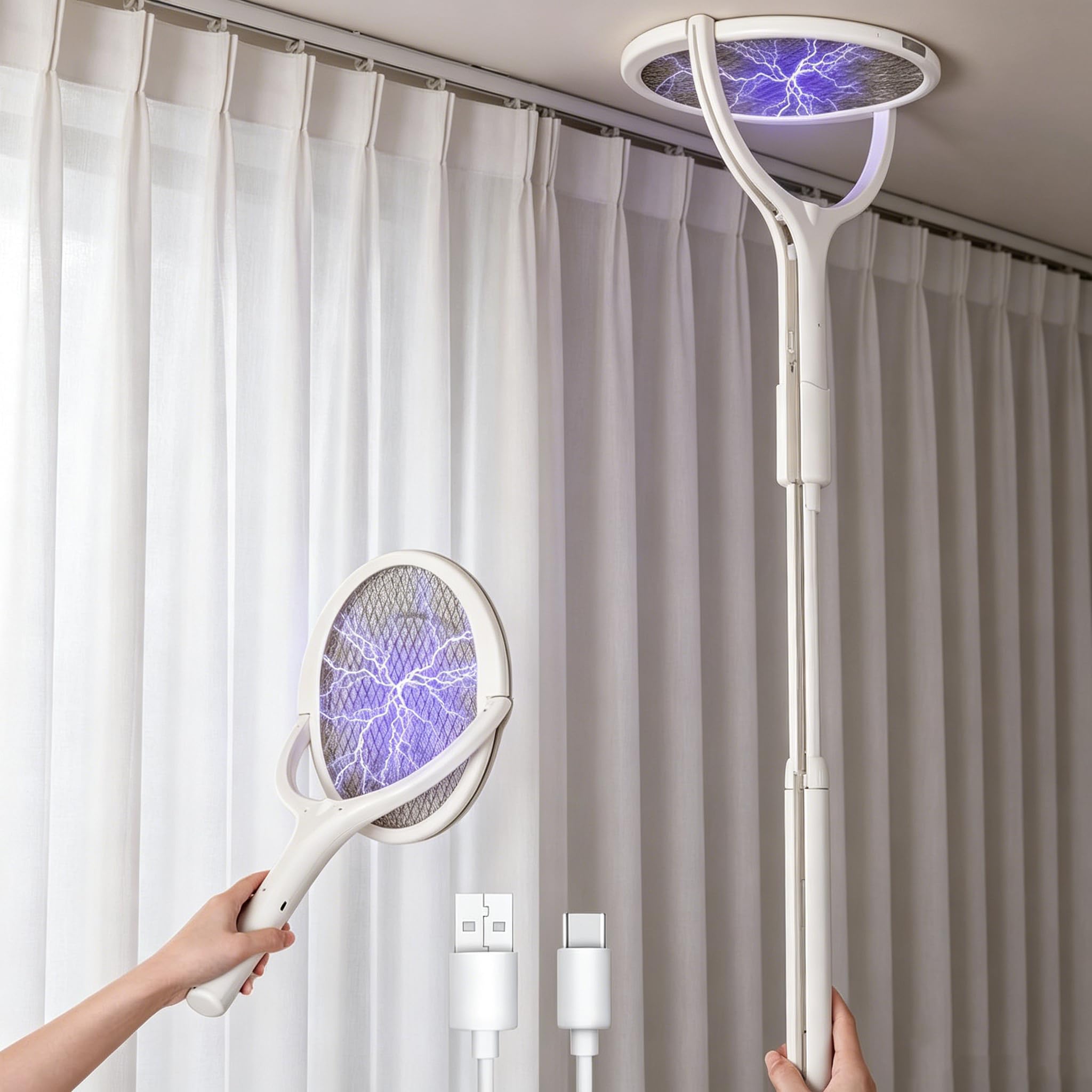 Racchetta Zanzare Elettrica Con Asta Telescopica, Rete A 3 Strati, Racchetta Elettrica Per Zanzare, Testa Girevole Con Estensione Telescopica, Trappola A Luce Uv Per, Stile lungo