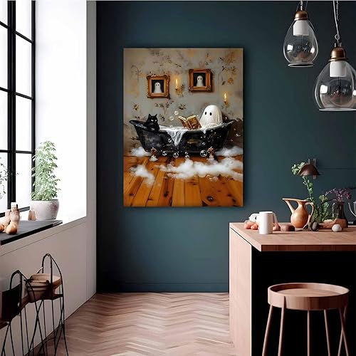 Miniatura 3 de HUYKON Divertido arte para pared de baño de fantasmas y gatos negros de Halloween, bonito póster de libro de lectura de burbujas espeluznantes,