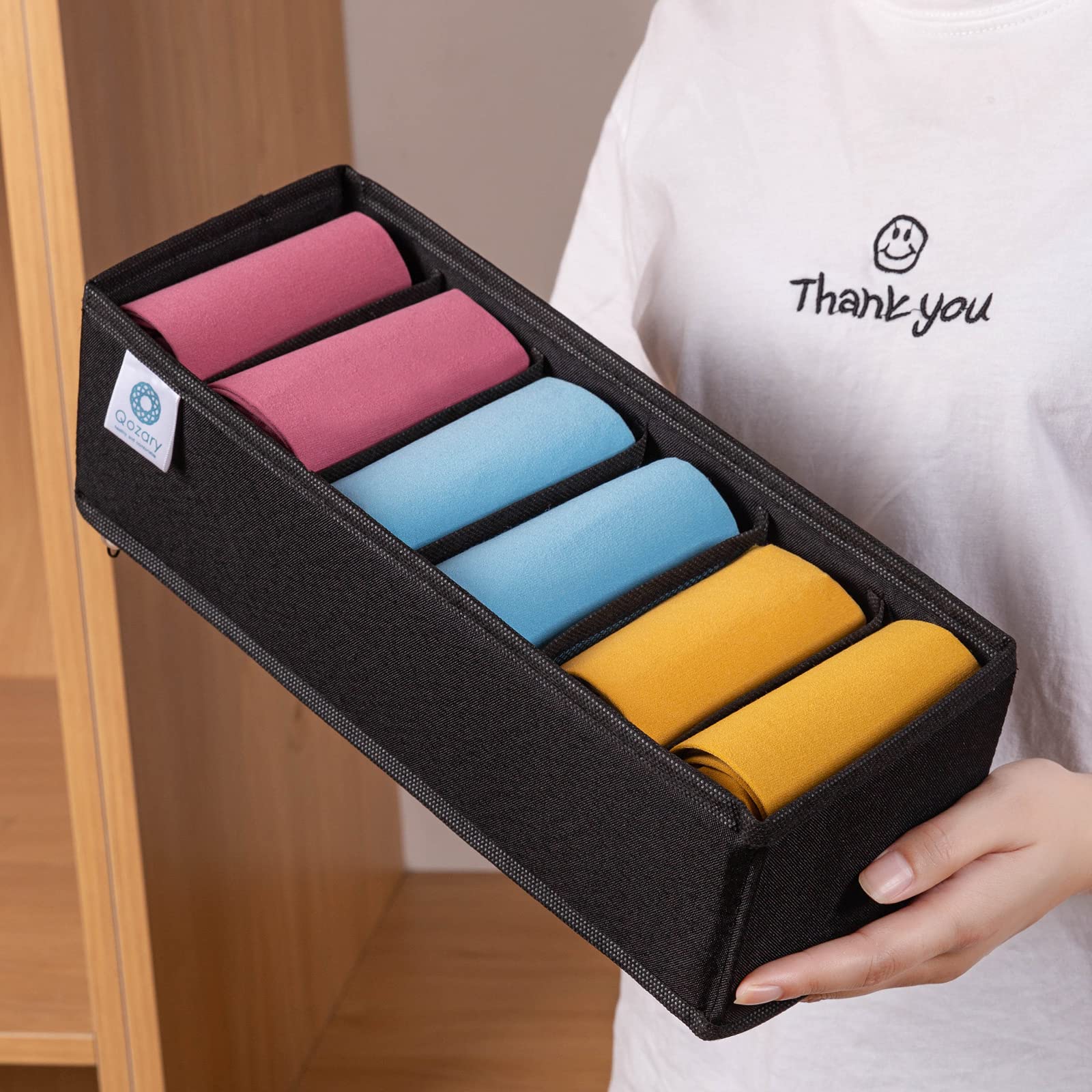 Qozary Lot de 3 séparateurs de tiroir pour chaussettes, sous-vêtements, cravate, ceinture, chambre à coucher (noir, 6 compartiments)
