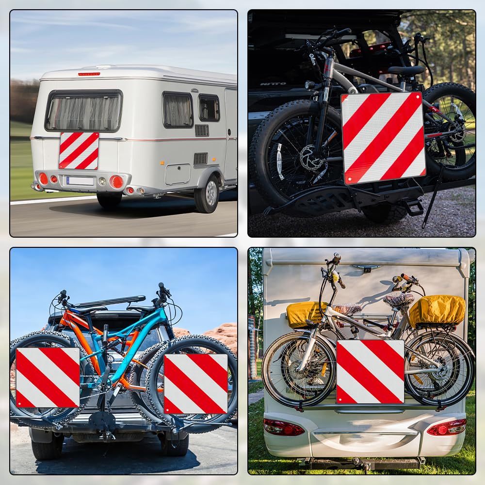Warntafel Fahrradträger, 2 in 1 Aluminium Warntafel Italien und Spanien mit 4 Spannseilen, 50x50cm Rot Weiß Reflektierendes Warnschild Italien für Fahrradträger Heckanhänger Wohnmobil Auto Anhänge