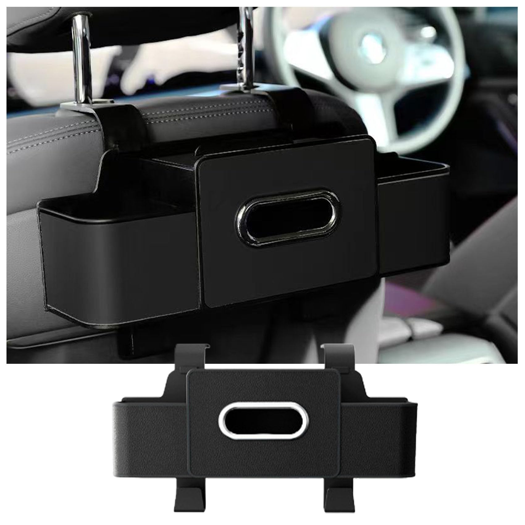Jeeeun Multifunctional Car Back Seat Storage Organizer-Car Storage Bag with 2 Cup Holders, Tissue Box, Hooks & Phone/Key/Ticket Holder for Stowing and Tidying (Black,1pcs)