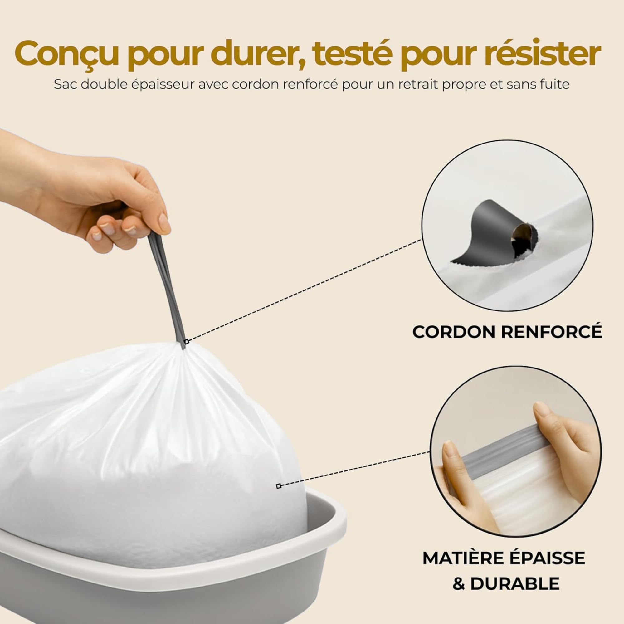 60x Sac Litière Chat XL de protection pour bac à litière avec Cordons de Serrage - Pack Économique Annuel - Hygiéniques, Résistants & Anti-Odeurs