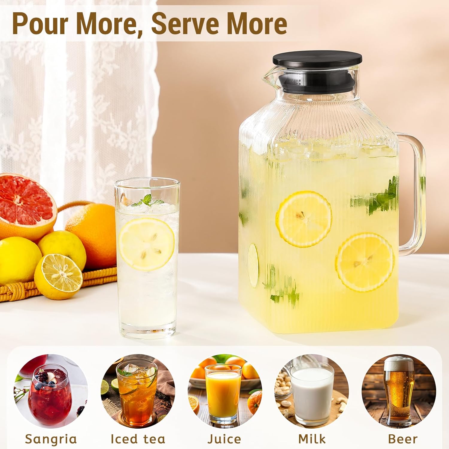 1 Gallon Square Glass Pitcher with Lid, Classic Stripes Water Pitchers for Fridge, Borosilicate Glass Carafe for Hot/Cold Brew Drink, Extra Large Jug with Handle for Iced Tea, Coffee, Juice, Black