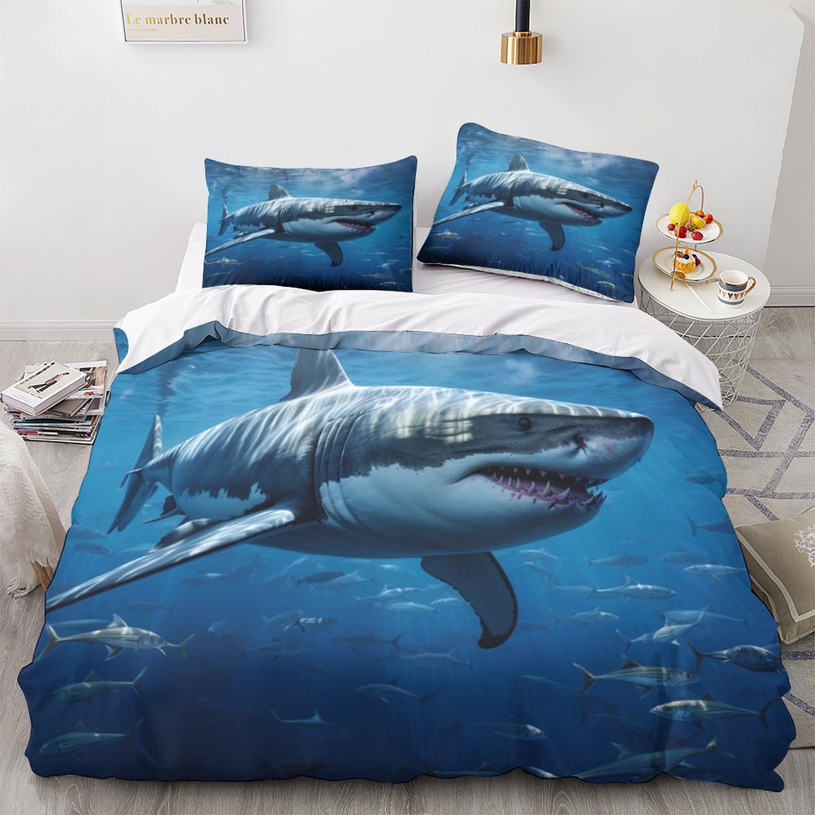 OPSREY Great White Shark Duvet Cover Bedding Set for Boys Girls Megalodon Comforter Bedspread Cover Quilt Cover Hidden Zipper Soft Microfiber Kids And Adults Full of Love Sleep Aid Double（200x200cm）