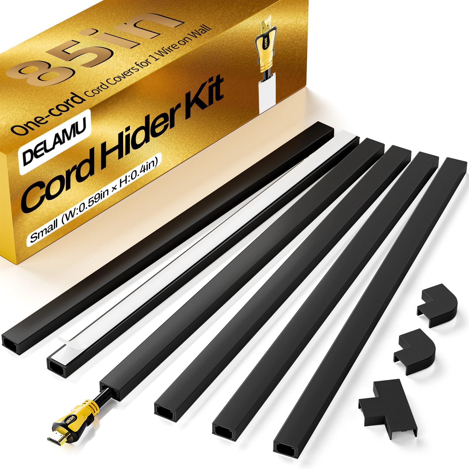 Delamu Black Cord Hider, 85in Cord Covers for Wires on Wall, One-Cord Cable Hider, Wire Hiders Wire Covers for TV Cords on Wall, Easy Mount Cable Cover Management Kit, 6X L14.2 W0.59 H0.4in, Black