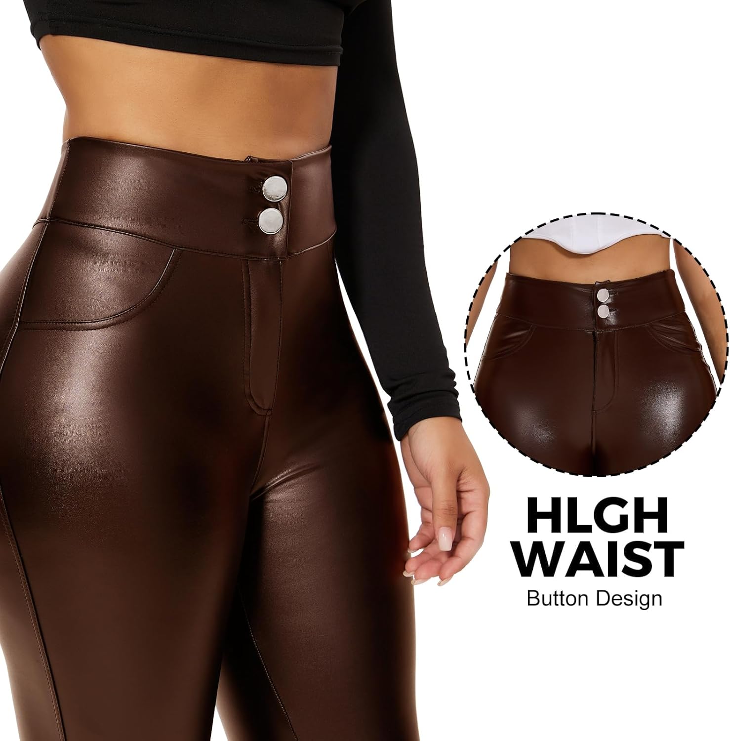 RIOJOY Womens Sexy Leather Leggings High Waisted Butt Lifting Faux Leather PU Pants Tummy Control Stretch - Image 5