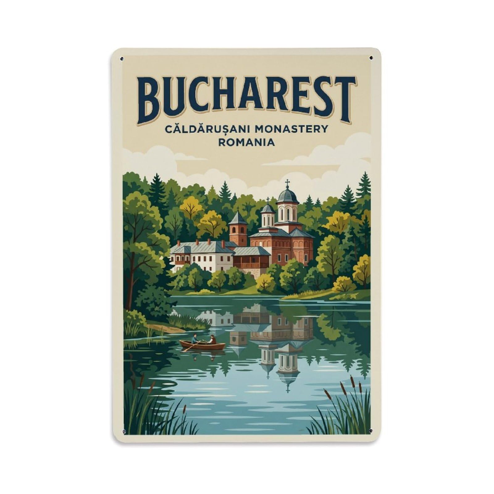 Vintage Travel Bucharest Caldarusani Monastery Clean Romania Metal Tin Sign Plaque Wall Decor for Cafe, Club Bar, Office, Home Garden Metal Poster 8x12Inch