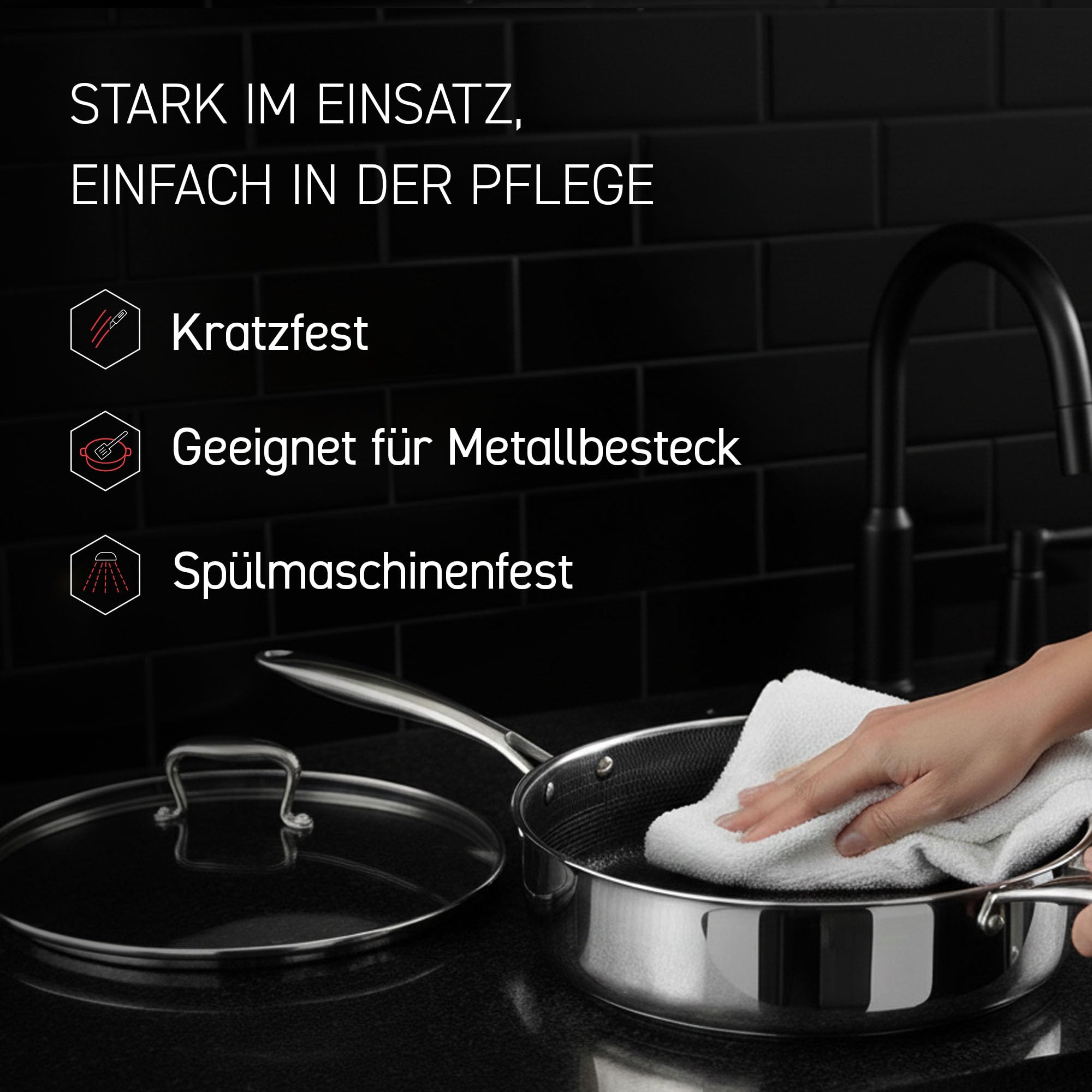 HexClad Hybrid Sautepfanne 4,3 l – Schmorpfanne mit Deckel & Stay-Cool-Griff – Sauteuse für alle Herdarten, auch Induktion – Antihaftbeschichtete Pfanne mit Wabenstruktur – Ofen- und spülmaschinenfest