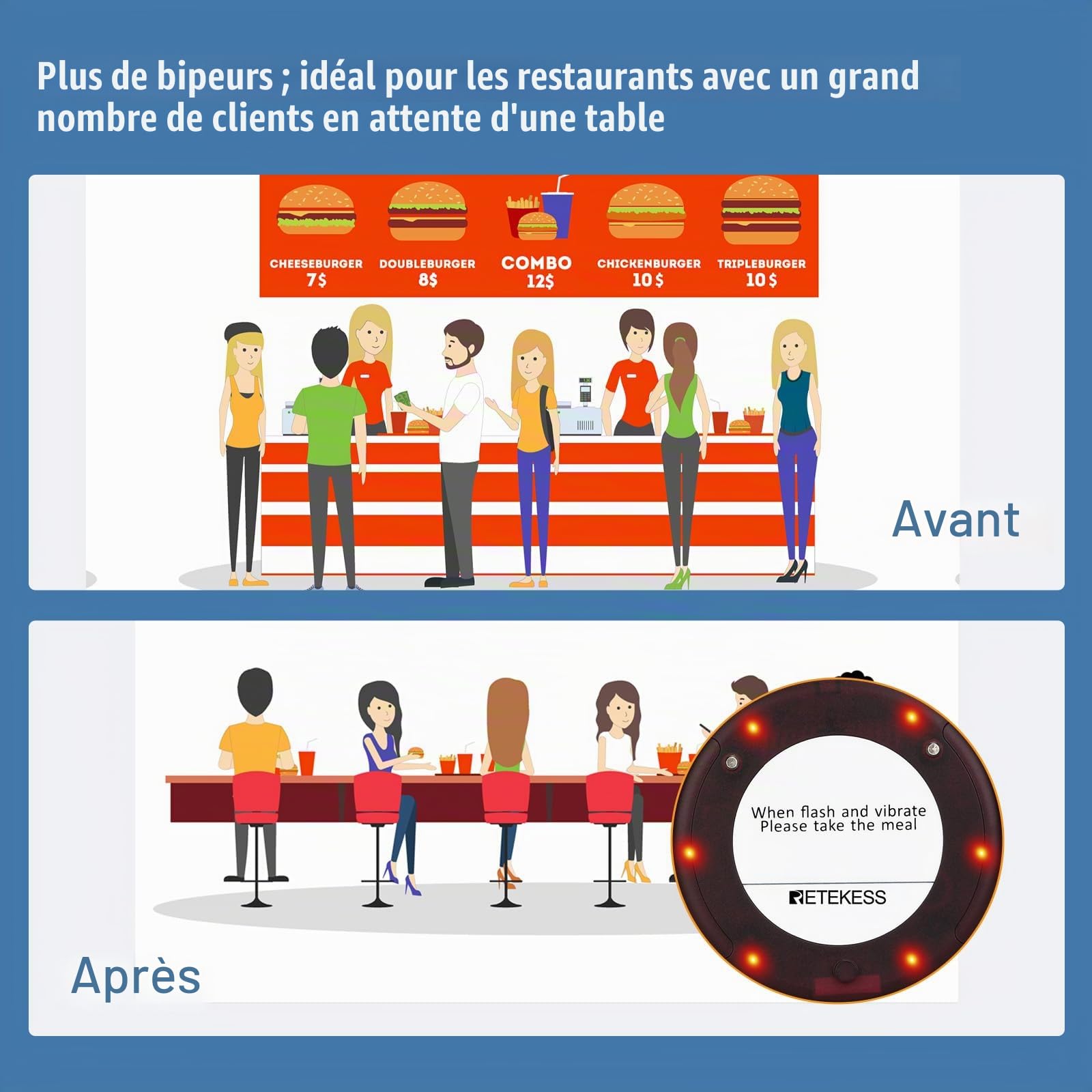 Retekess TD163 Bipeur Restaurant, 5 Bipeurs | Compatible avec TD163 Bipeur Restaurant, 31 Modes d'Appel, Distance de 400M, Batterie 300 mAh
