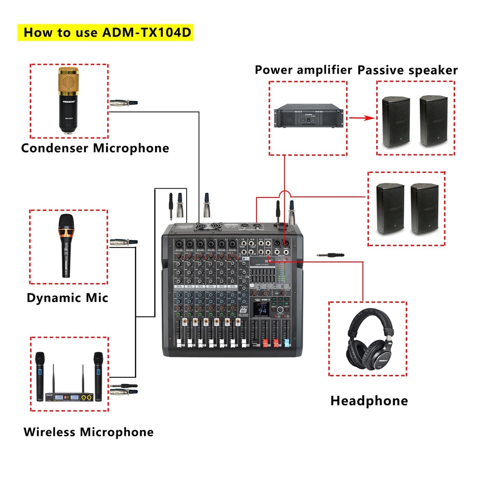 Equipo de DJ para Fiesta ADM-TX104D 250 WX2 10 Canales gráfico de 7 Bandas EQ 99 DSP Efectos USB Reproducir Registro de Bluetooth Potencia Amplificador de Audio Mezclador