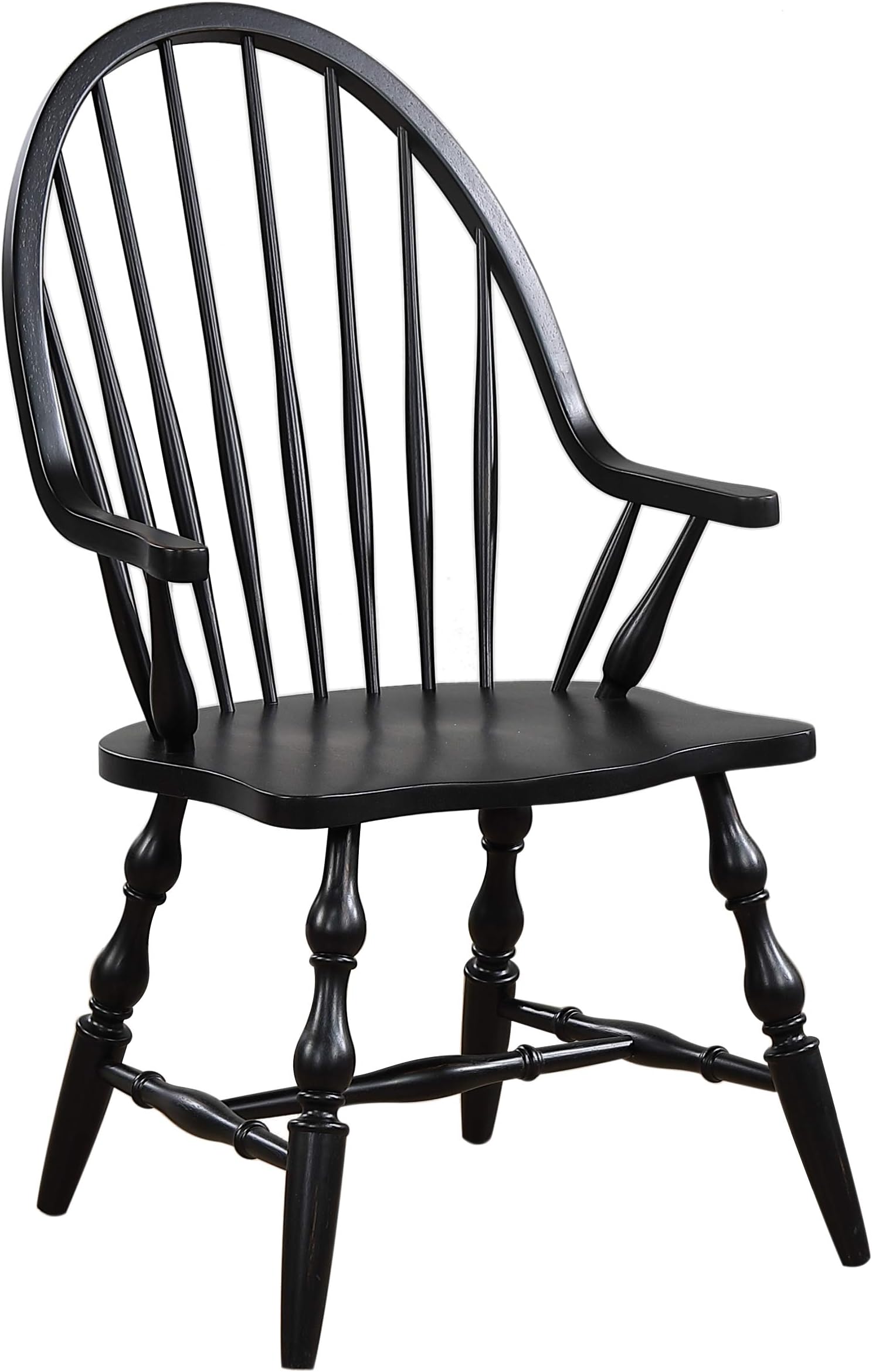 Sunset Trading Black Cherry Selections Windsor Spindleback Dining Chair with Arms | Fully Assembled Kitchen Armchair| Modern Farmhouse Minimalist Country Cottage | Antique Black Solid Wood