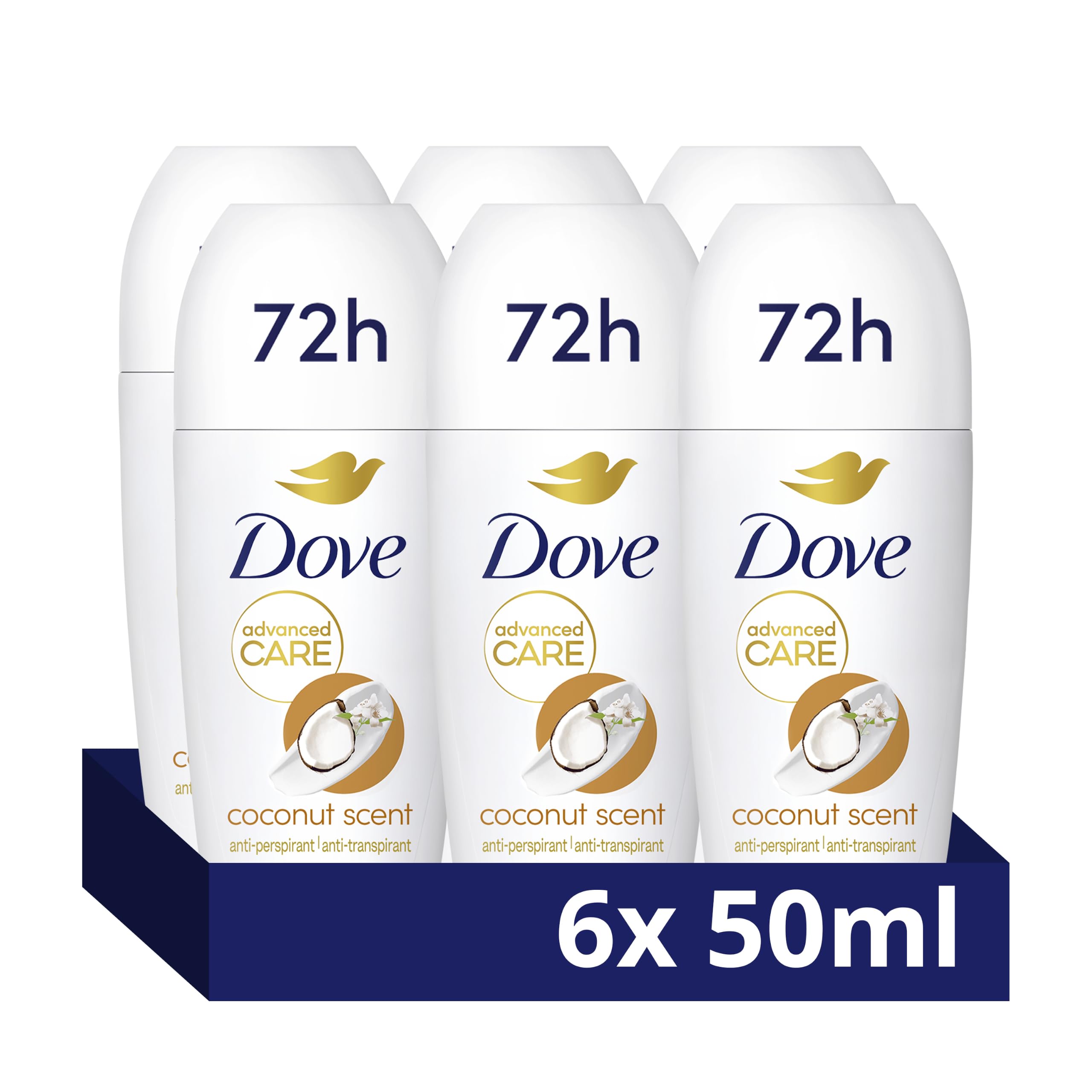 Dove Advanced Care Coconut Anti-Perspirant Deodorant with plant-based moisturiser Roll On for 48-hour odour protection 6x 50 ml