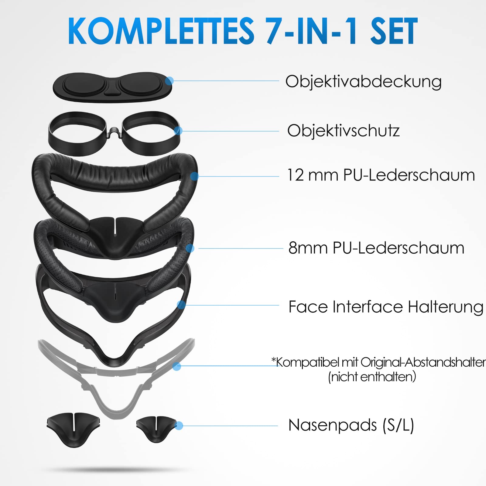 SUPERUS Facial Interface für Oculus/Meta Quest 2 Zubehör (Aktualisierte Version), mit 2 Face Cover Ersatzpolster, Anti-Licht-Nasenpolster (L/S), Linsenschutz, Brillenabstandshalter (7-in-1-Kit)