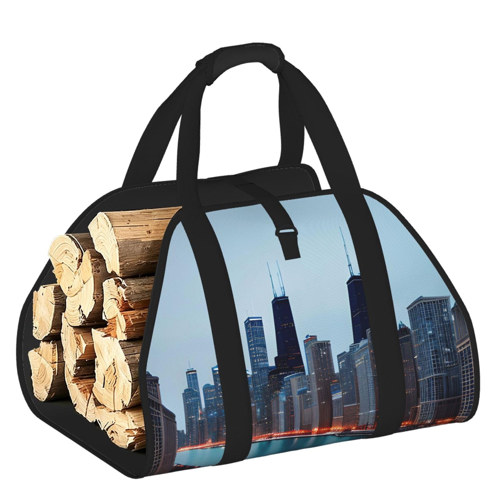 Chicago Printed Firewood Carrier Bag, Log Tote with Open-Ended Design for Camping Outdoor Wood Hauling