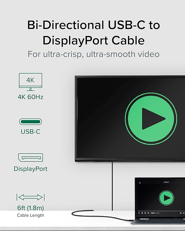 Plugable USB C to DisplayPort Bi Directional Cable 6 feet (1.8m), Up to 4K at 60Hz, USB C DisplayPort Cable - Compatible with Thunderbolt and USB-C - Driverless by Plugable - Image 2