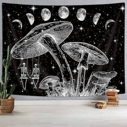 Miniatura 2 de Uokiuki Tapiz de fase lunar trippy, tapiz de calavera de hongo, gótico, blanco y negro, hippie, esqueleto hippie, tarot, tapiz estético para colgar