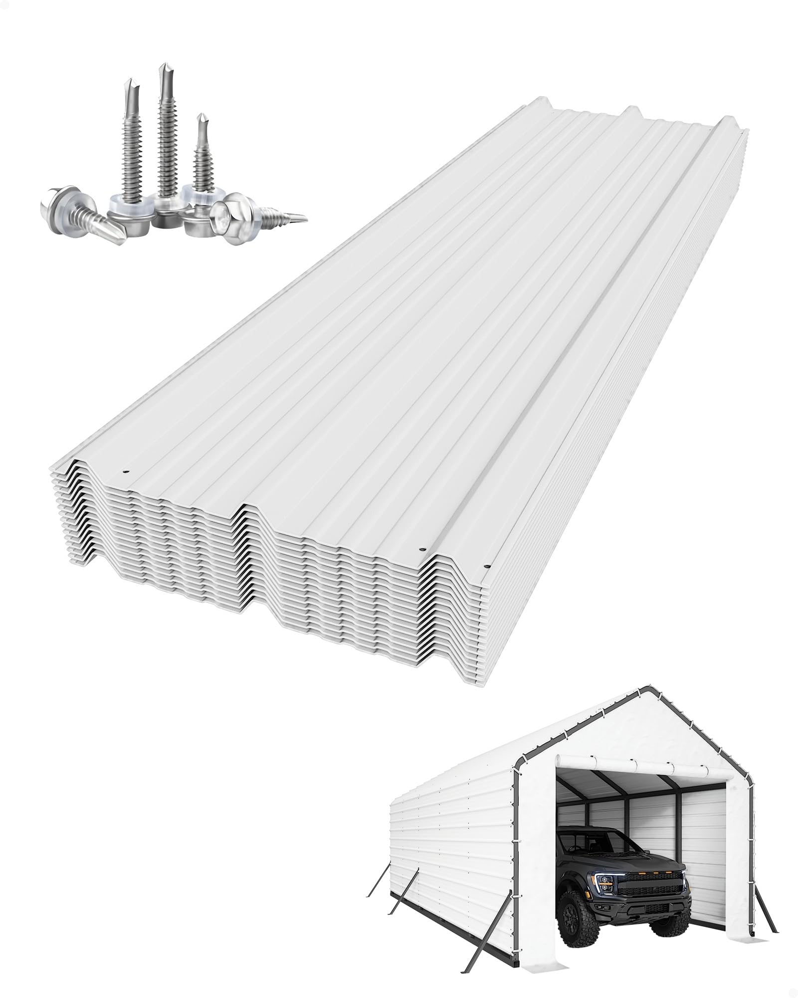 Photo 1 of GarveeLife Ribbed Metal Roofing Panels, 140 ft², 64.2'' L x 19.7'' W, 29 Ga. Galvanized Steel Ribbed Panels for Gazebos, Carports, Garages, Chicken Coops, Storage Sheds, and Stables, 16 Pcs, White