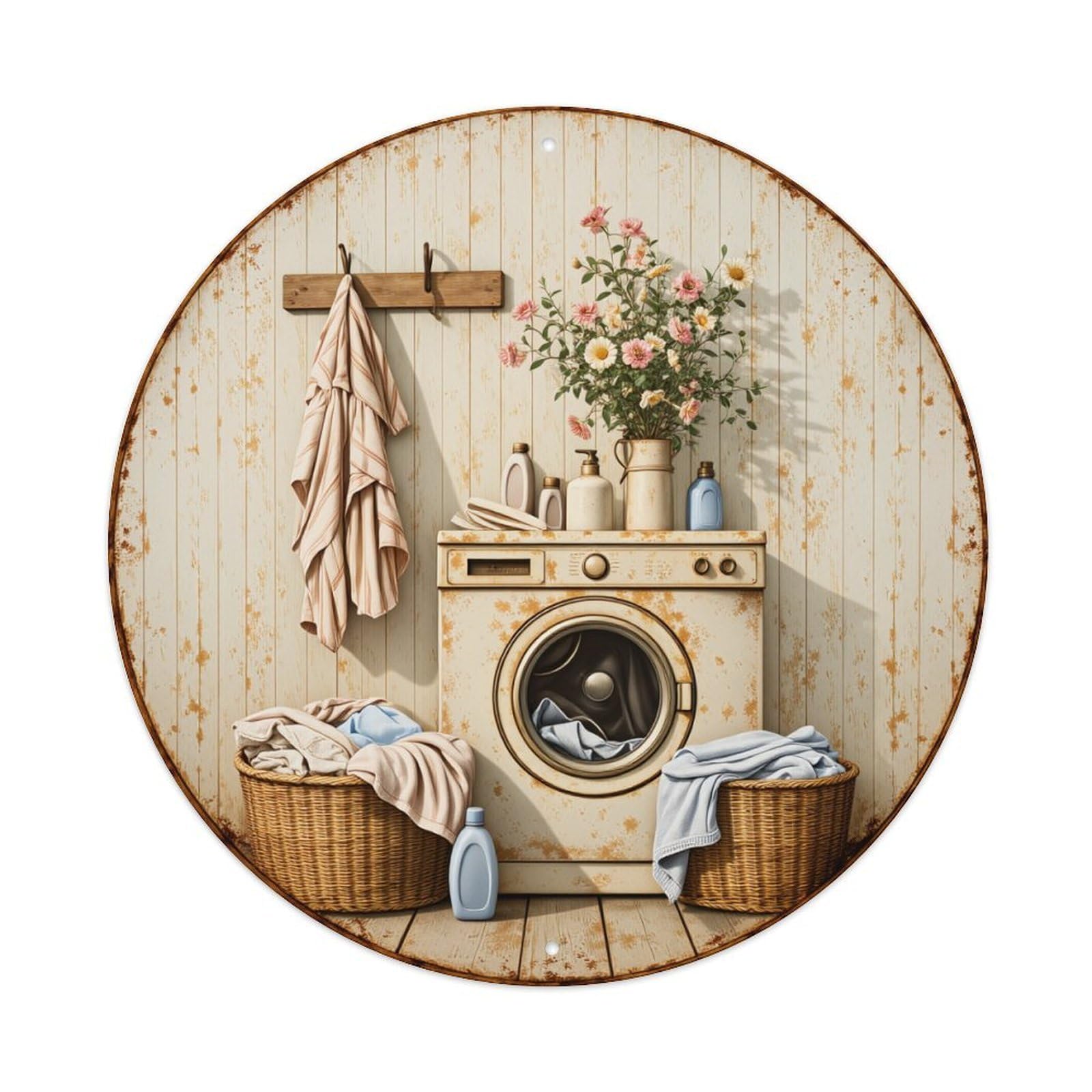 Floral Pattern On Wall And Vase Round Tin Sign Vintage Metal Poster, Home Bar Garage Man Cave Cafe Indoor & Outdoor Wall Decoration 8x8Inches