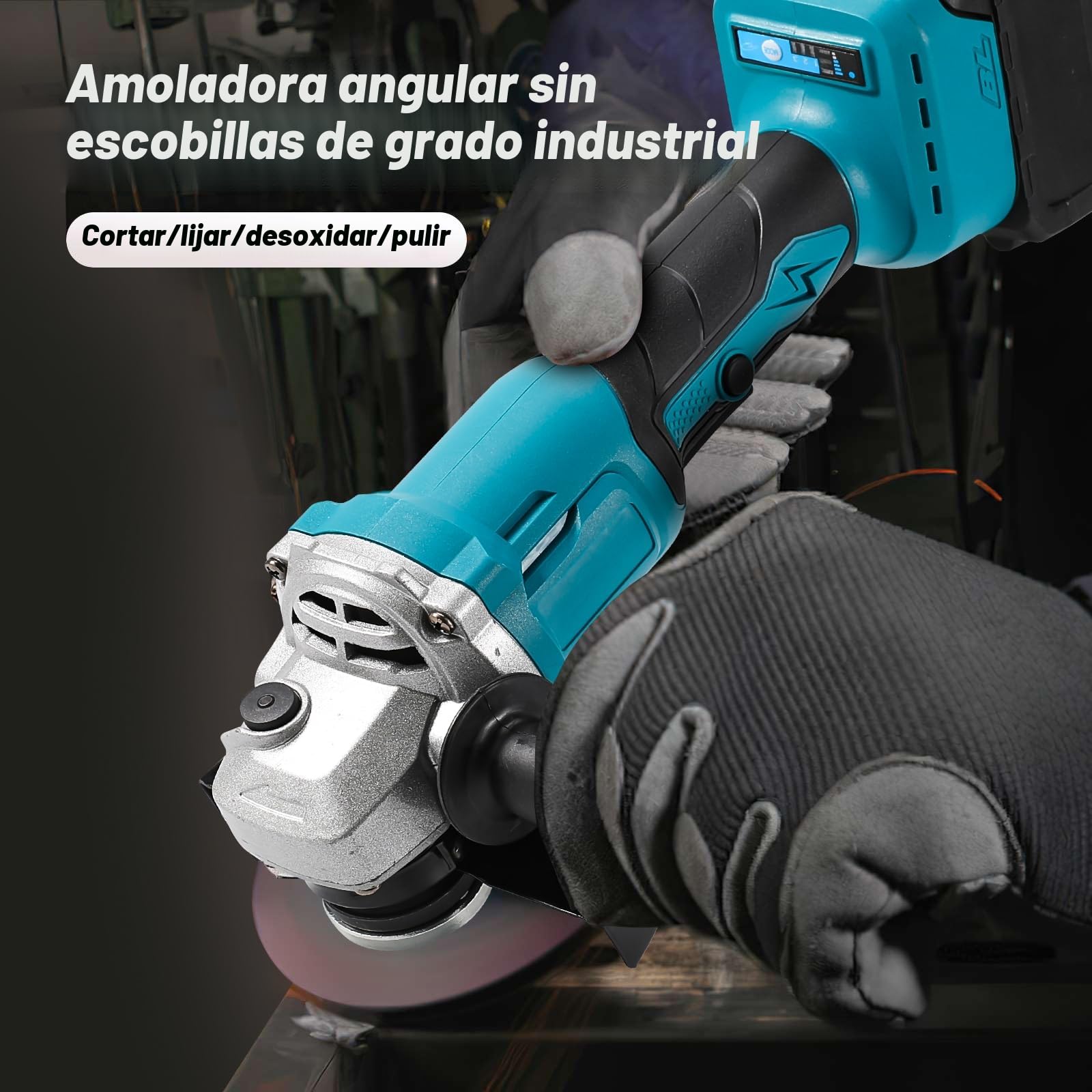 Amoladora Angular 1000W (125 mm, 13.000 rpm). Amoladora con 2x 4000 mAh Batería y Cargador, Empuñadura Auxiliar e Incluye 2 Discos de Desbaste, para Cortar, Desbastar y Pulir Metal, Piedra, Madera