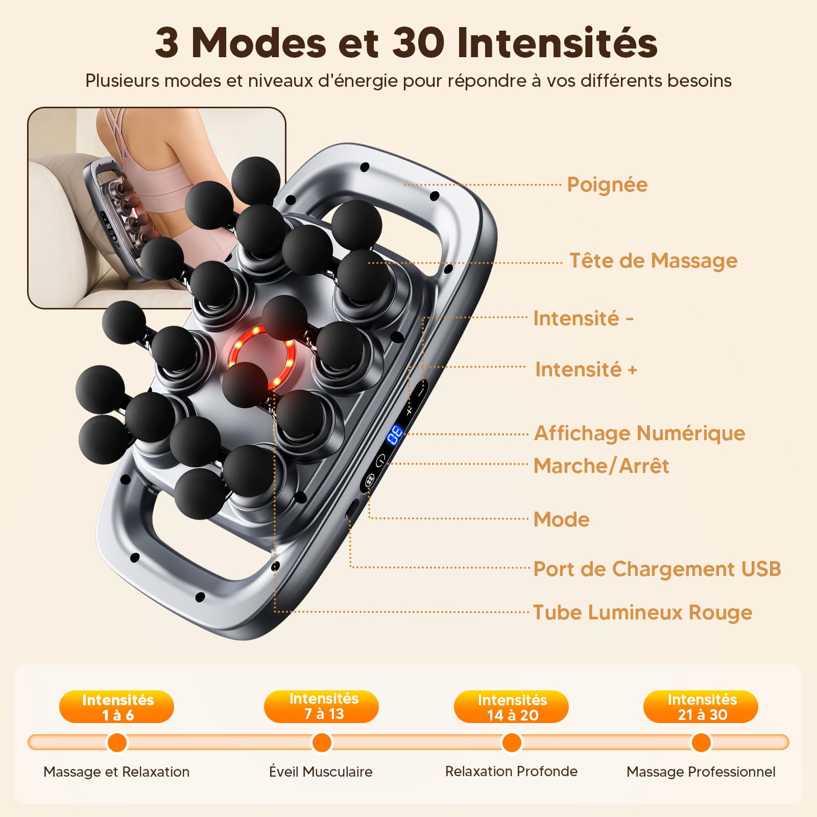 Pistolet de Massage Électrique, 20 Têtes, 30 Niveaux de Vitesse, 4 Modes, pour Jambes, Bras et Taille, Noir