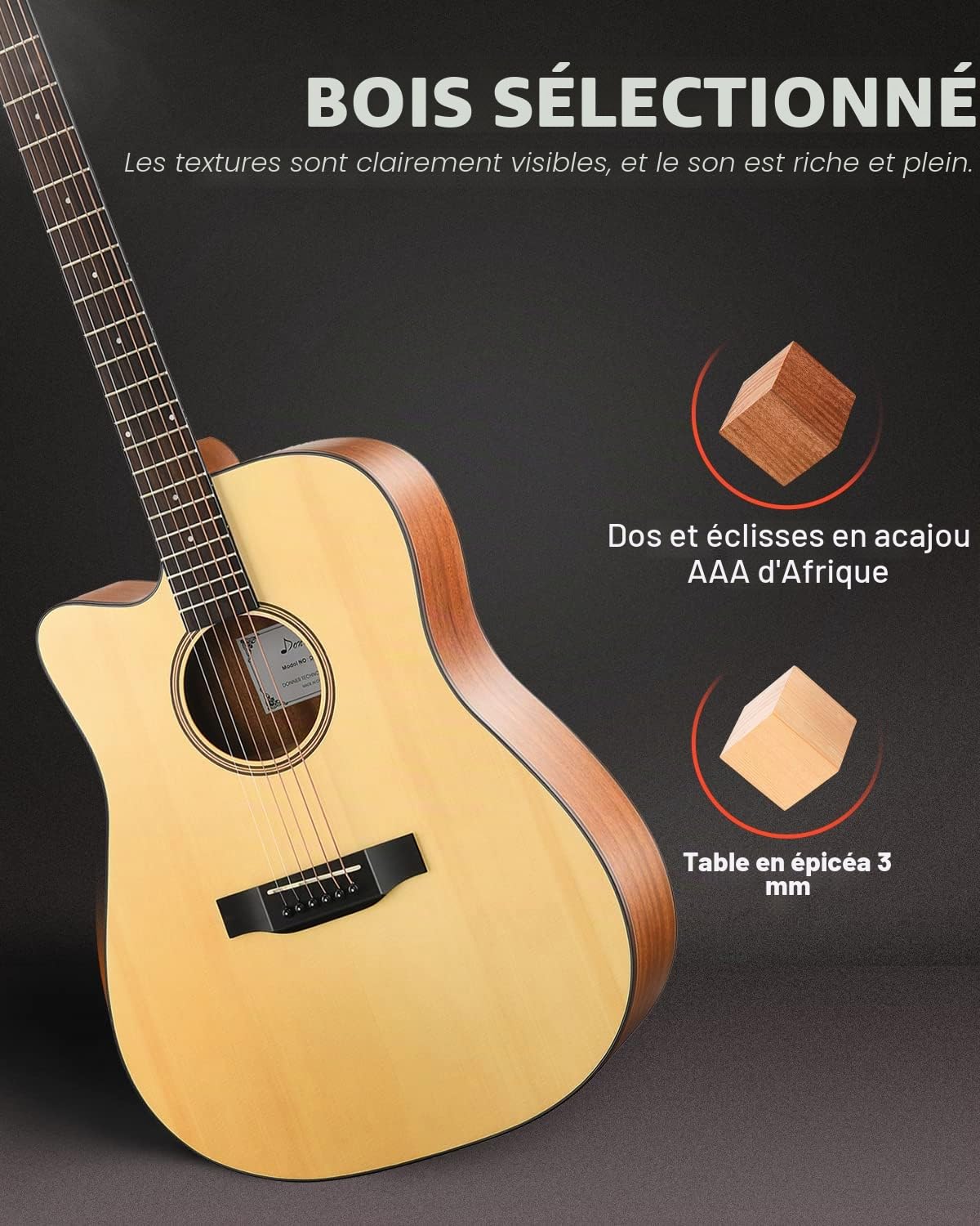 Donner Guitare Acoustique Gaucher 4/4 Adultes Guitare Folk Debutant Cutaway 6 Cordes en Epicéa et Acajou Avec Housse Tuner Capo(DAG-1CL)