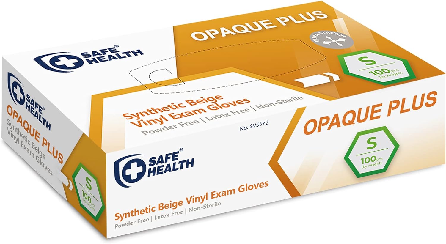 Safe Health Vinyl Synthetic Beige Exam Disposable Gloves, Free of Latex and Powder, Medical Grade