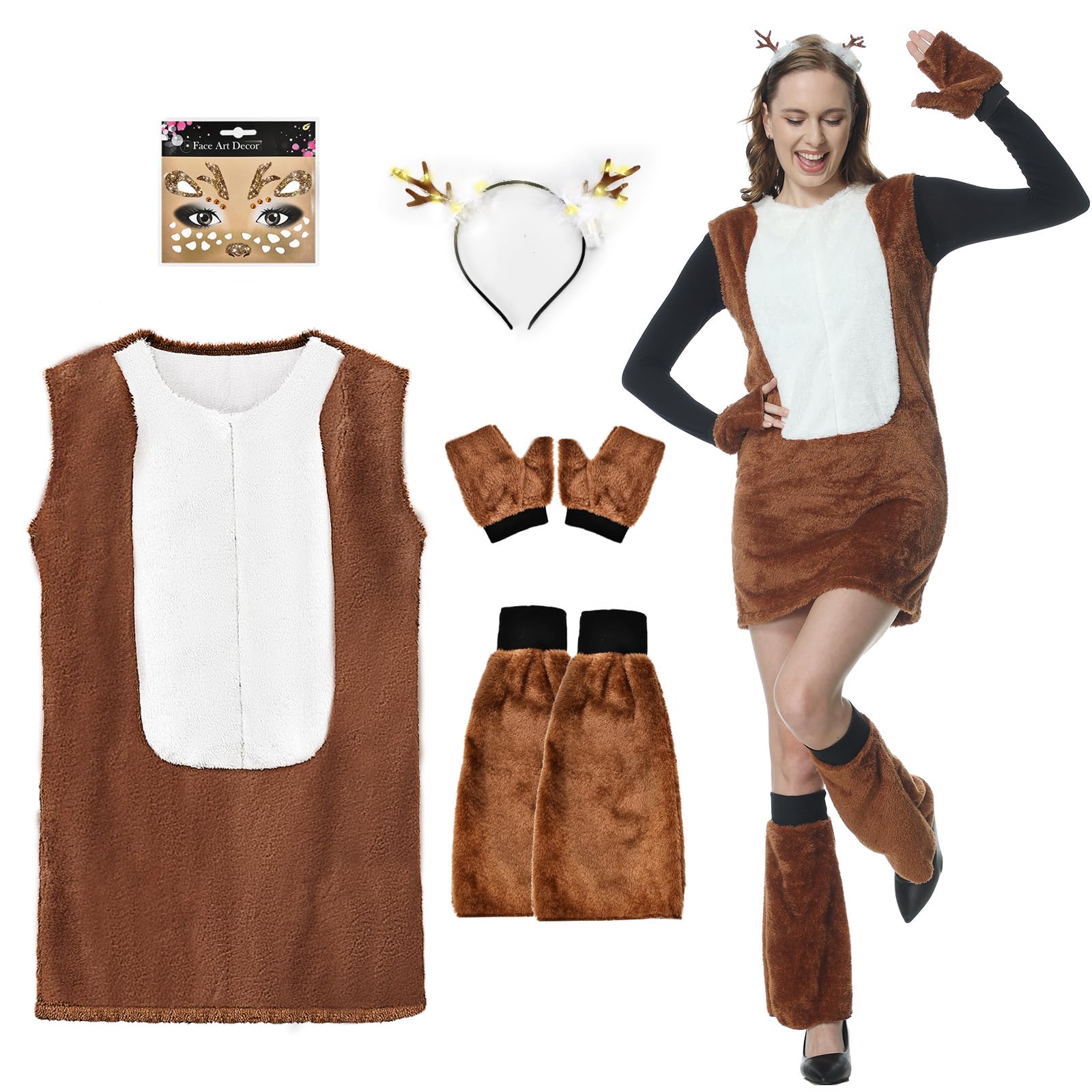 FORMIZON Women's Deer Costume, Reindeer Costume, Bambi Brown Animal Costume with Deer Antlers Headband and Glitter Face Tattoo, Fancy Dress Costumes Women's Deer for Animal Theme Party (L)