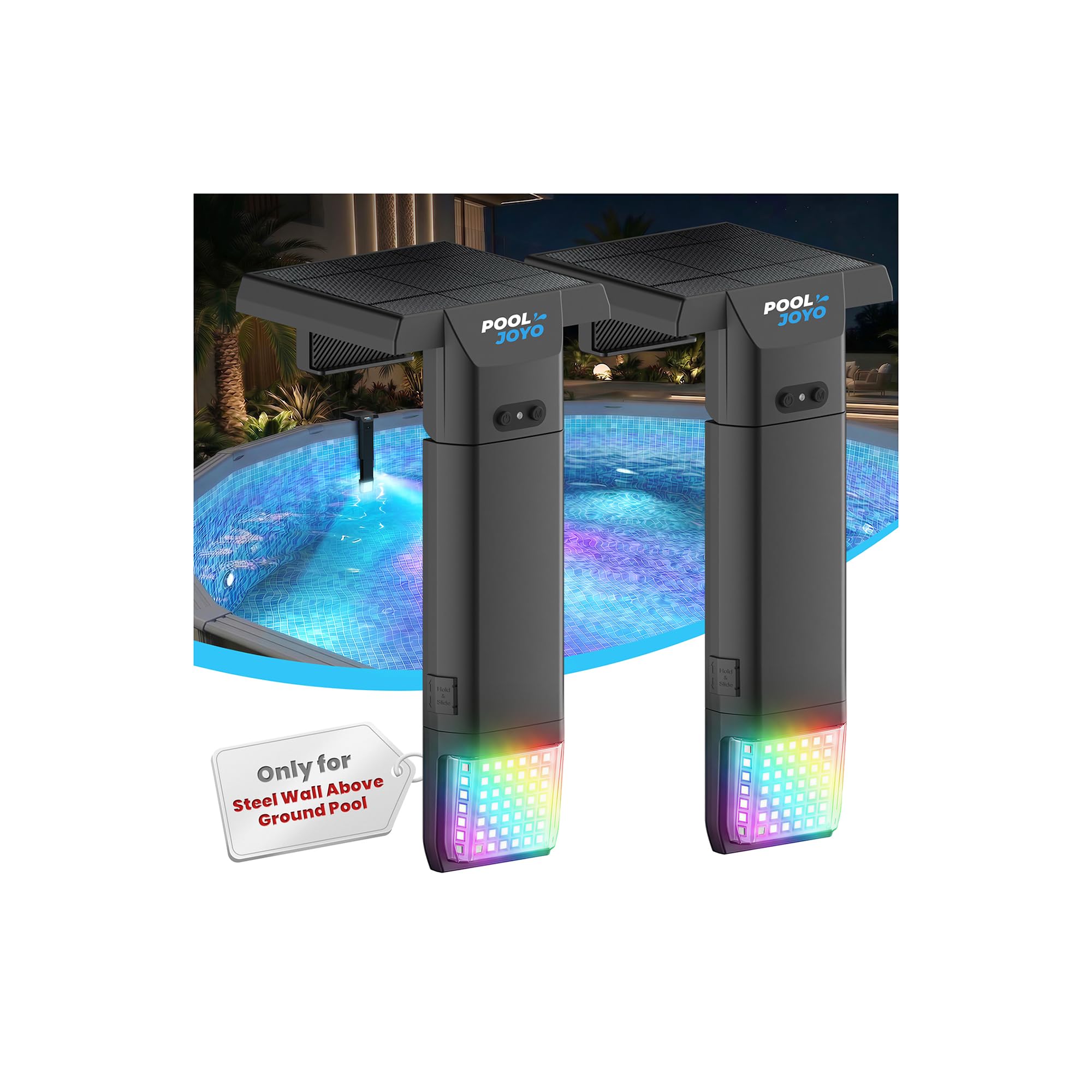 POOLJOYO Solar Pool Lights Only for Steel Wall Above Ground Pools, 5.2–10 in Top Rail Remote Control, Brighter 3-Sided 180° Underwater Glow, 10 Colors 4 Modes, IP68 Waterproof （2 Pack）